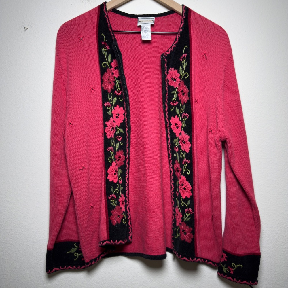 VTG 90s Whimsigoth Women Cotton Ramie Cardigan Sweater Floral Embroidered